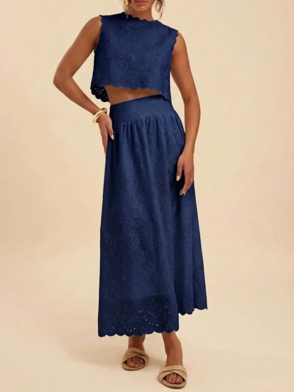 Navy Eyelet Embroidered Scalloped Crop Top & Maxi Skirt Set